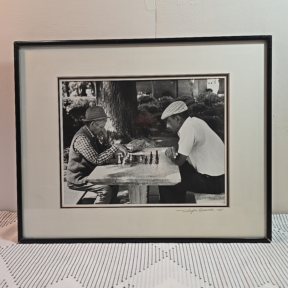 Black & White Framed Photo Men Playing Chess in Park Signed Taylor Caswell '85